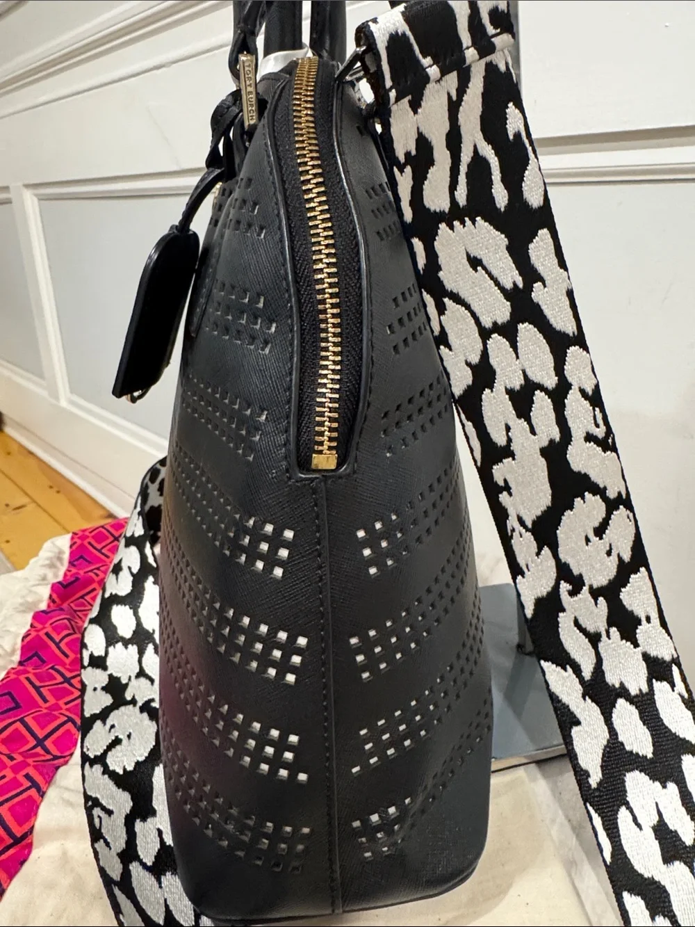 Tory Burch Bag Robinson Black Leather Perforated Dome Top Handle Bag